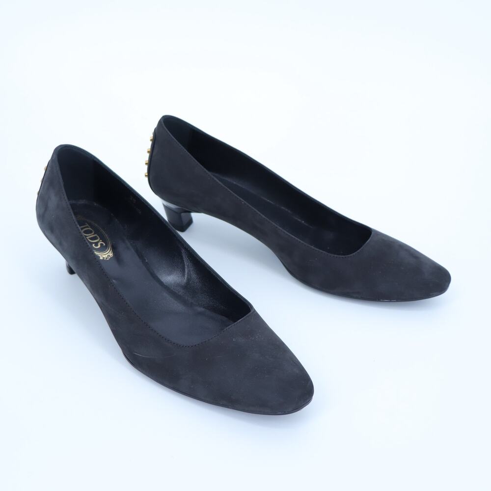 TOD'S Studded Suede Pumps Black and Gold Kitten Heel Women's 38/US 8